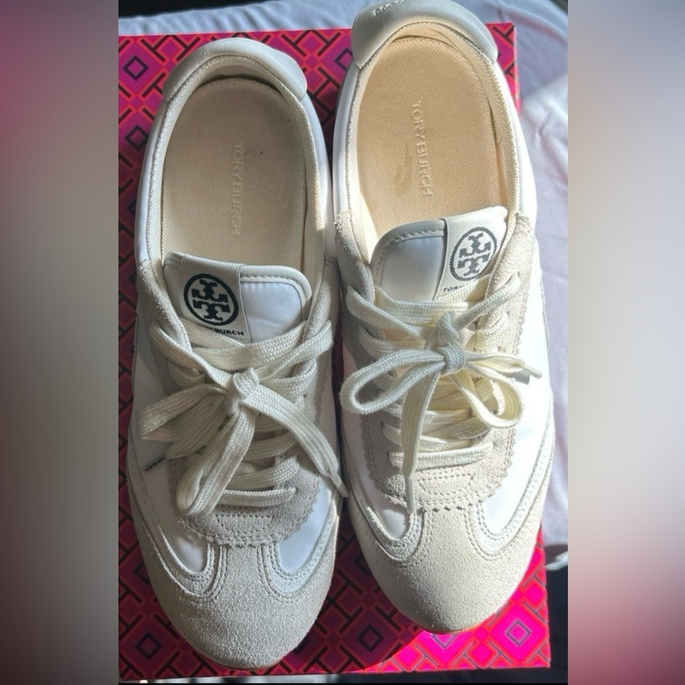 Tory Burch Off-White Lace-Up Mixed-Media Sneakers